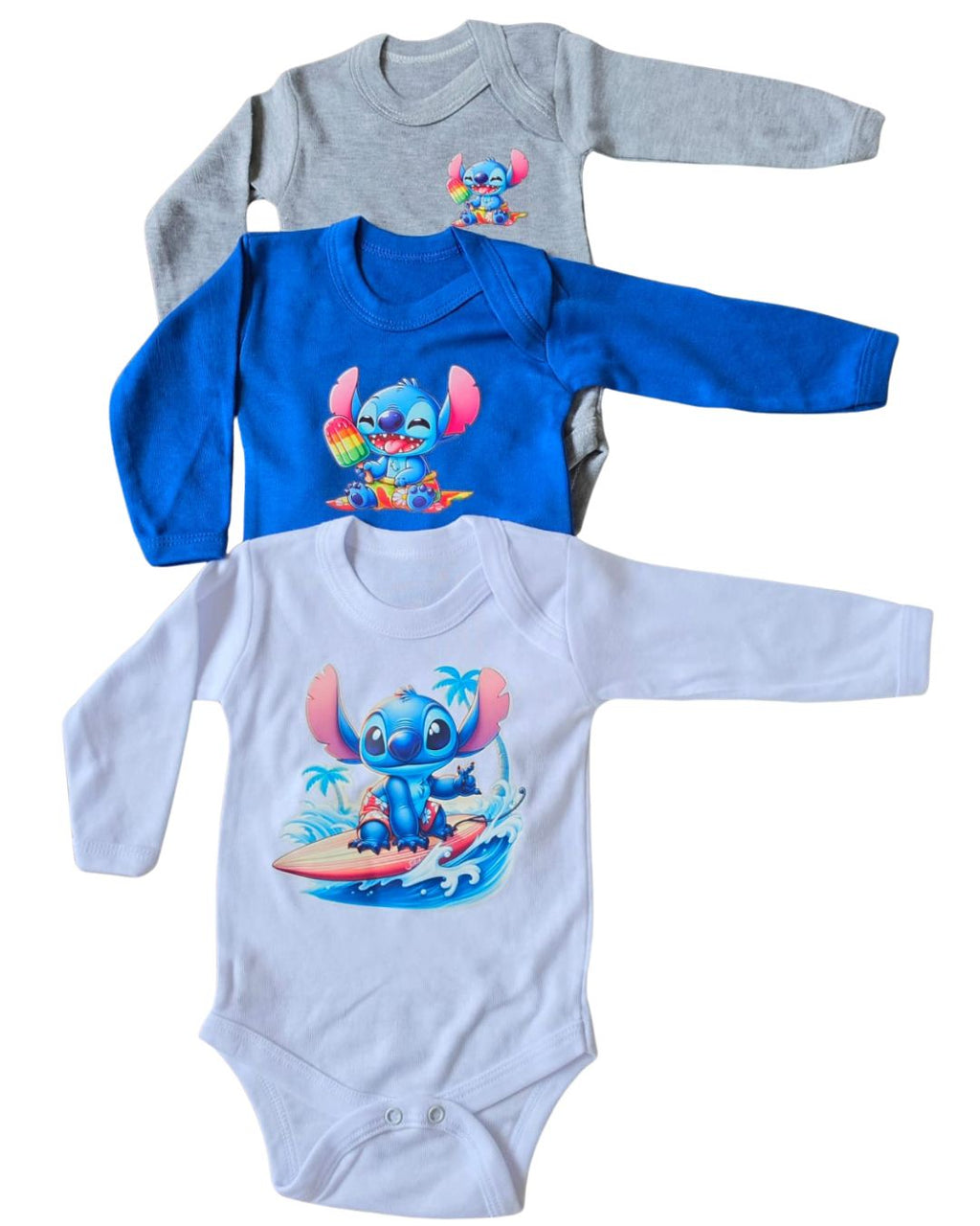 Tripack Bodies Bebé Stitch - Pack completo gris, azul y blanco