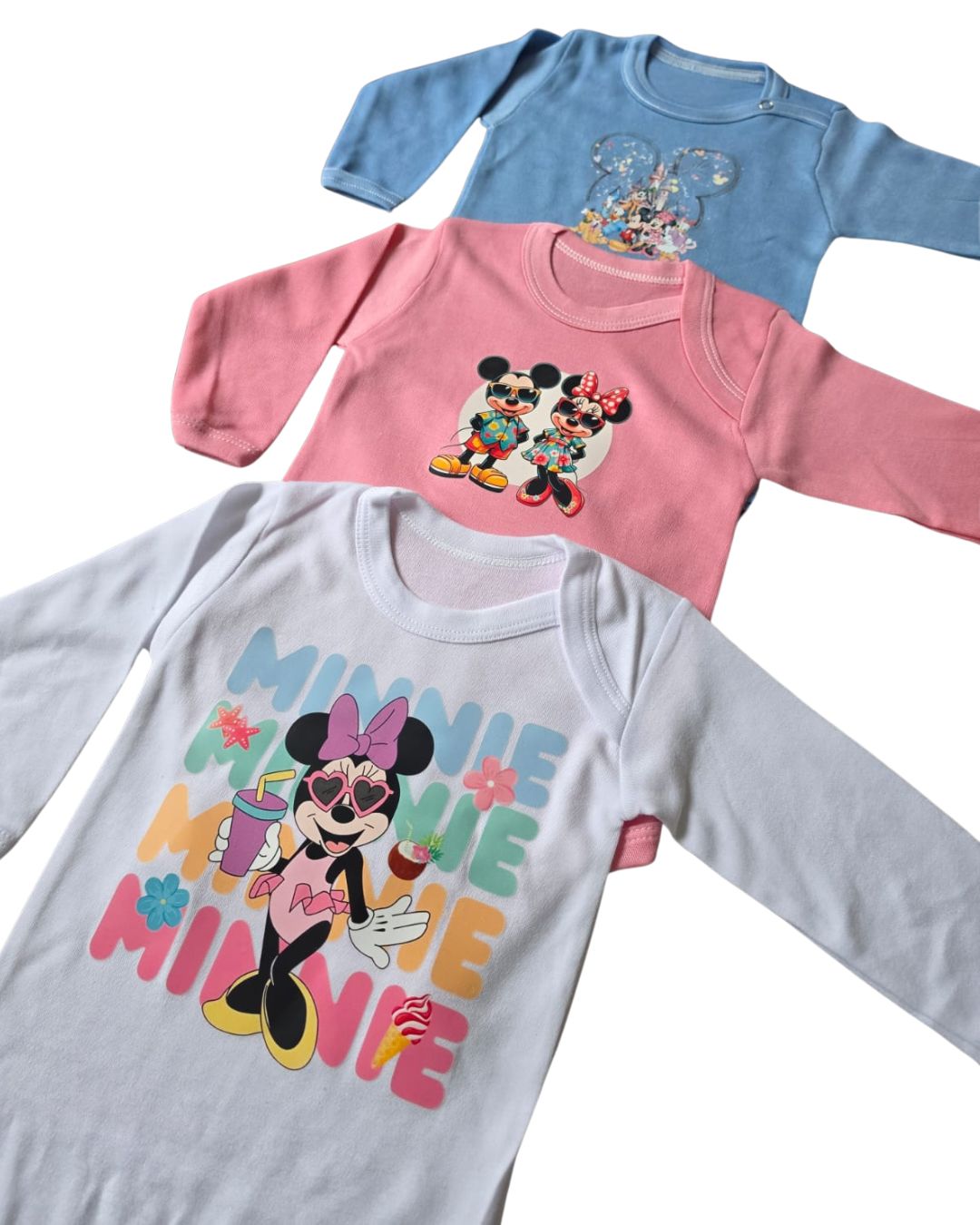 Tripack Bodies Bebé Minnie - Pack completo rosa, blanco y celeste