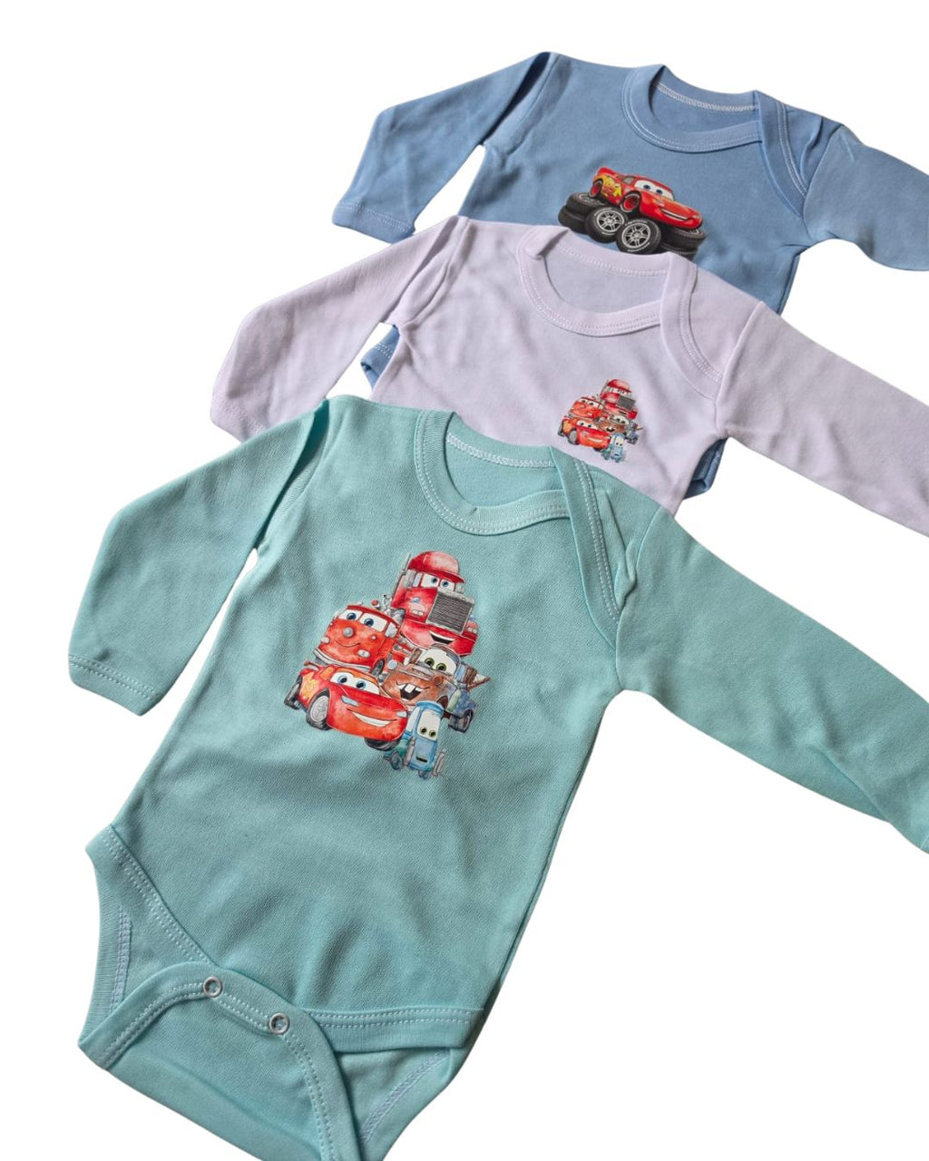 Tripack Bodies Bebé Cars - Pack completo verde agua, blanco y celeste
